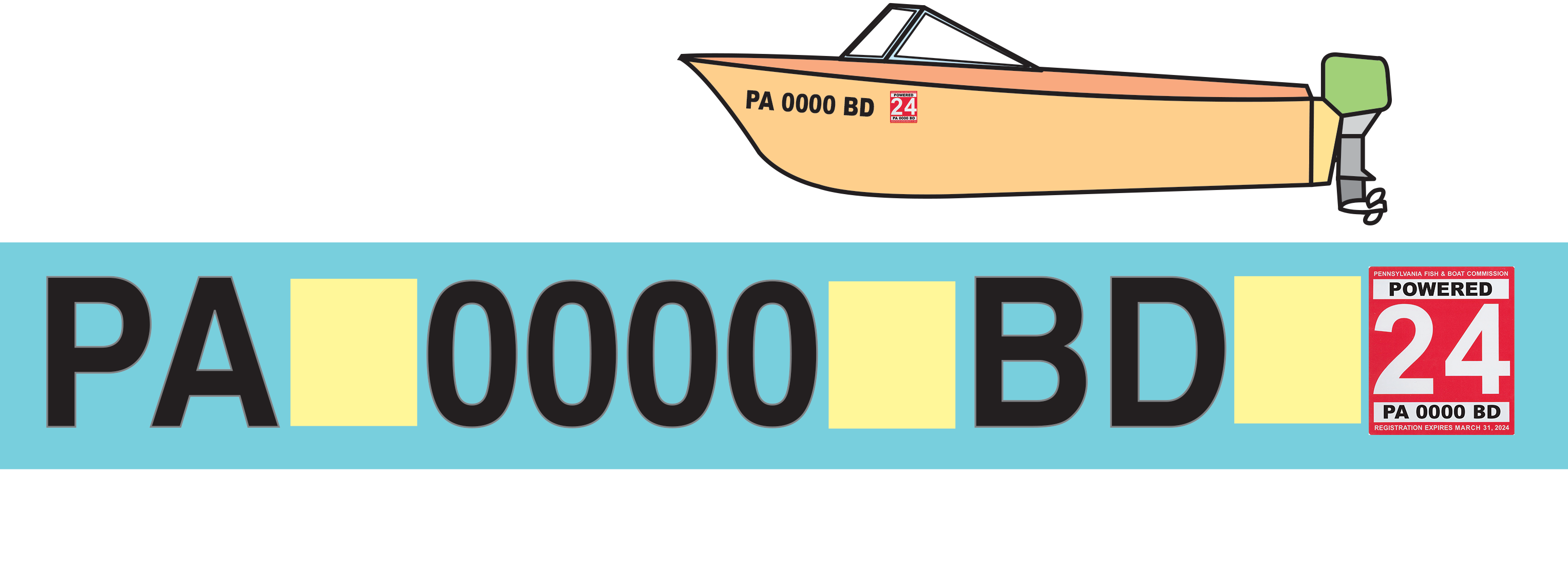 Diagram showing where you place your boat registration sticker on the front left of the bow